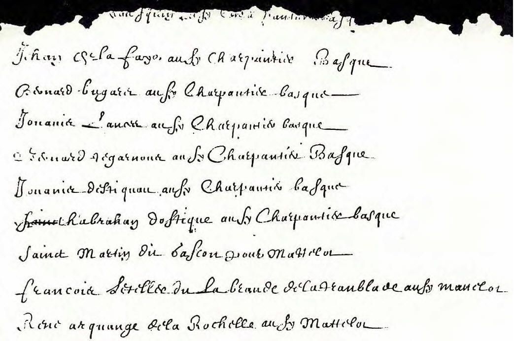 List of Carpenters on the Saint-Jehan ('Bernard Bugaret' appears on the 8th line from the bottom)