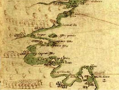 Detail of Champlain's 1607 map showing what is today Boston Harbor