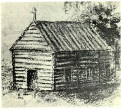 Drawing of first Catholic Church on PEI after deportations. Located at Rustico