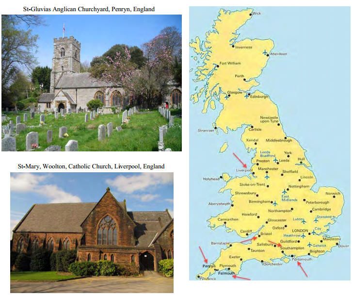 St-Gluvais Anglican Churchyard, Penryn, England; St-Mary, Woolton, Catholic Church, Liverpool, England