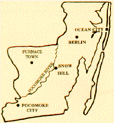 Map showing Snow Hill, Maryland, settled in 1642