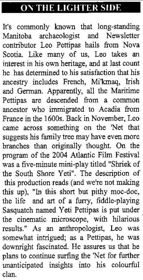 Manitoba Archaeological Society Newsletter clipping about Leo Petitpas