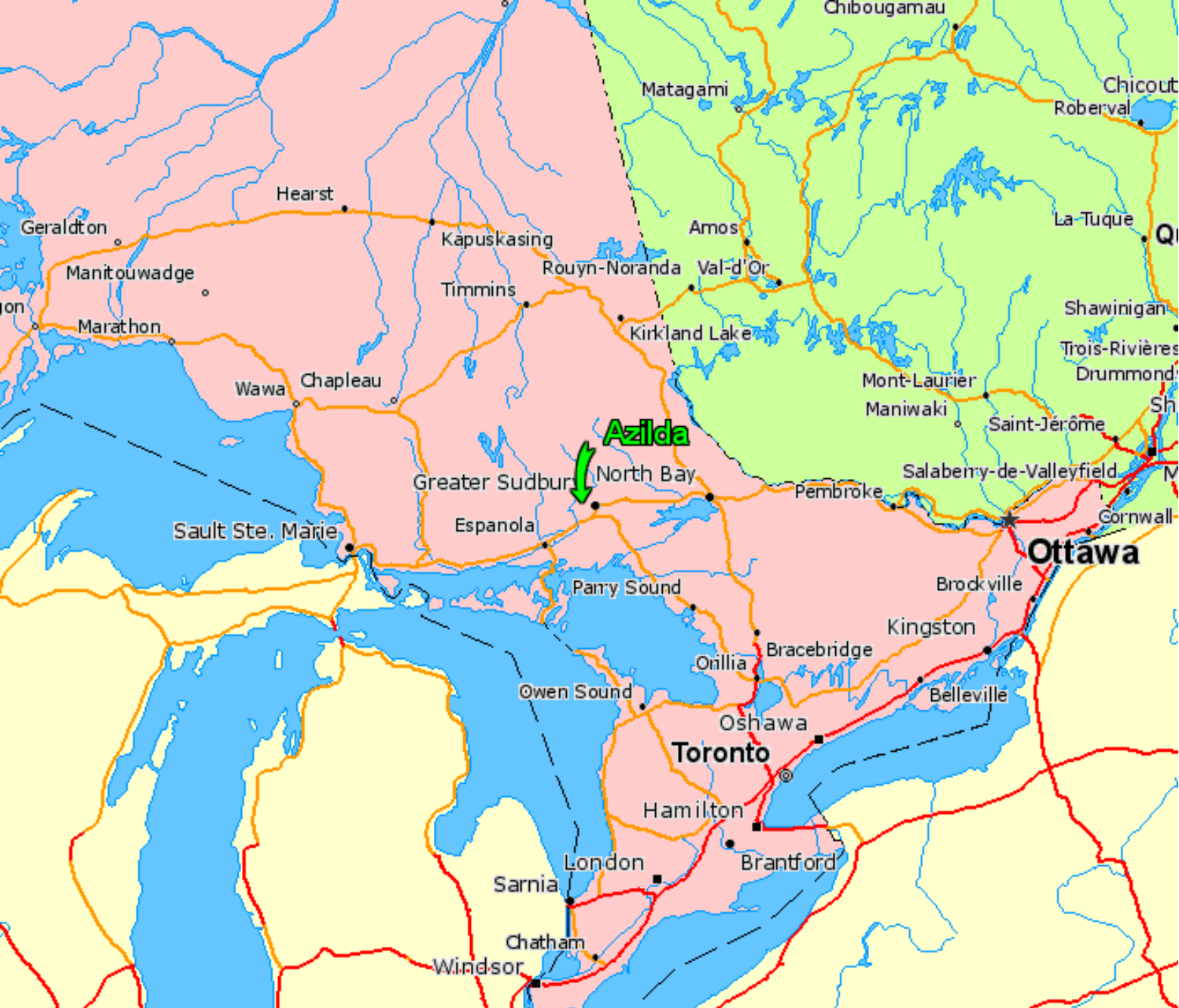 Map showing location of Azilda