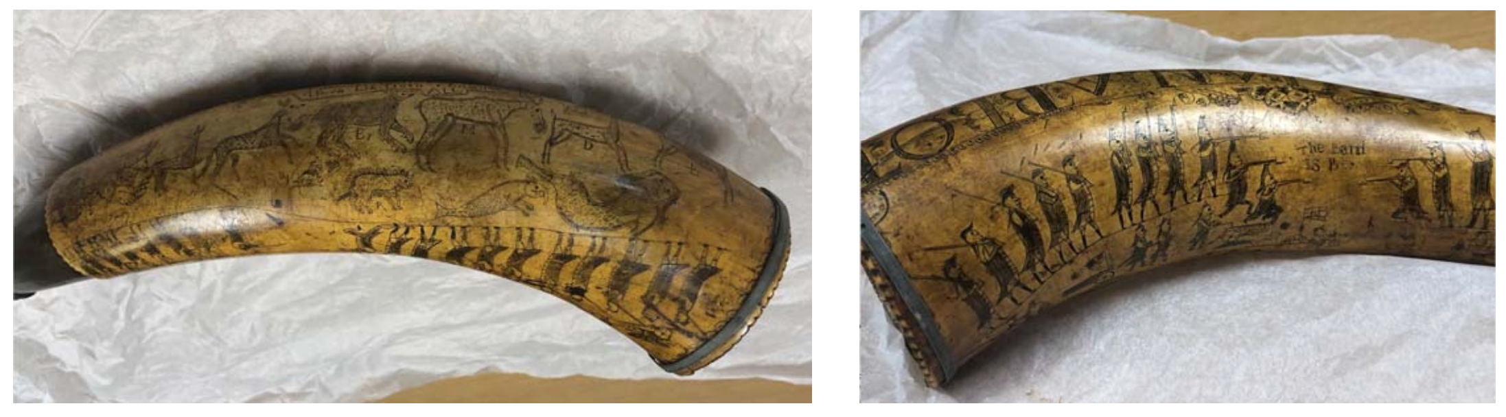 Close-up of the Jonathan Abbott powder horn showing carved inscription and decorative animals (turtle, fox, deer).