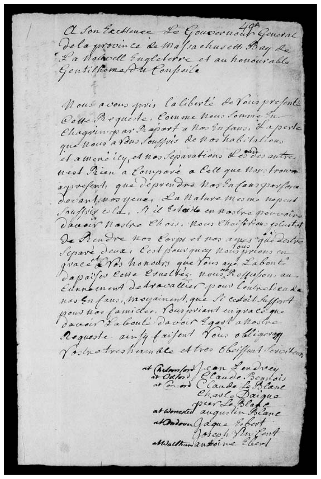 1756 petition requesting the end to binding out of Acadian children